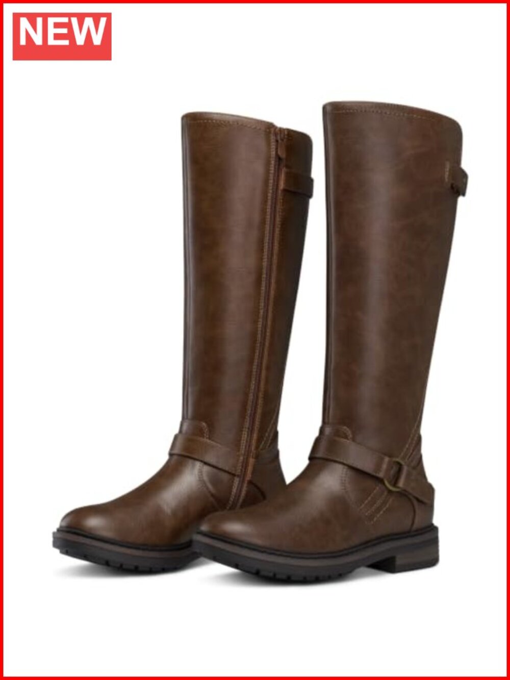 Women's Knee High Boots Faux Leather Low Block Heel Round Toe Tall Boots
